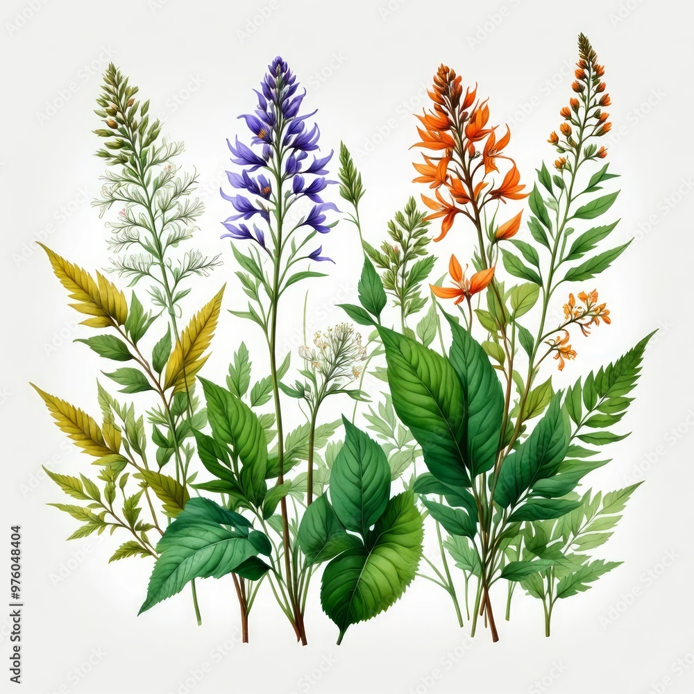 Botanical study on a white background - flowers and leaves Botanical study on a white background - flowers and leaves