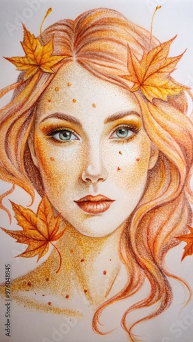 Autumn-themed drawing featuring a woman with maple leaves in her hair. Generative AI