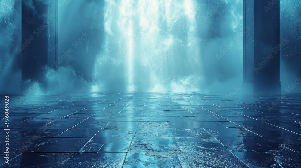 Fototapeta premium Abstract white background, misty blue light rays, and reflections on a wet asphalt floor. Empty scene for product display presentation design.