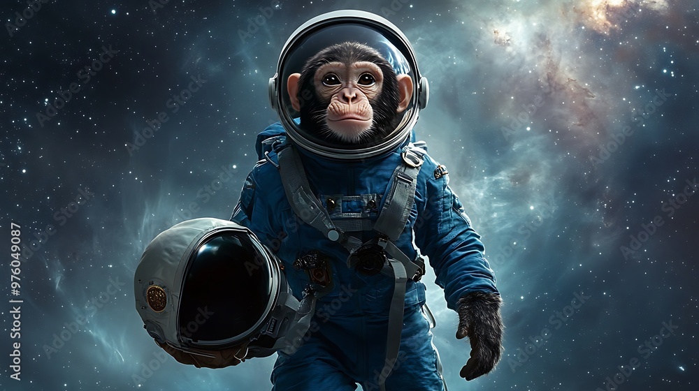 Curious Monkey Astronaut Floating in Zero Gravity with Nebula Background Curious Monkey Astronaut Floating in Zero Gravity with Nebula Background