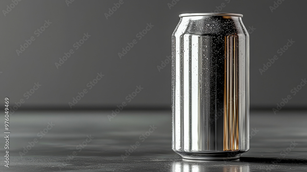 A single, cold aluminum can with condensation on a grey surface. A single, cold aluminum can with condensation on a grey surface.