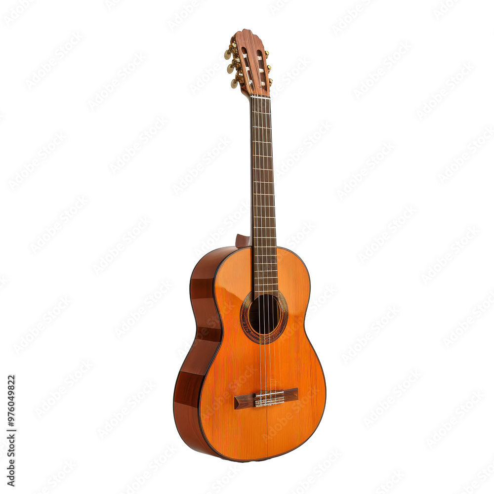 A detailed view of a classic acoustic guitar standing upright on a plain background showcasing its exquisite wooden craftsmanship A detailed view of a classic acoustic guitar standing upright on a plain background showcasing its exquisite wooden craftsmanship