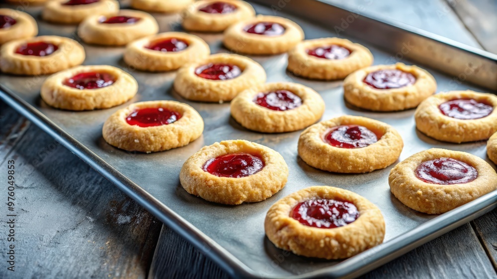 Delicious jam thumbprint cookies on a baking sheet , sweet, dessert, homemade, baking, pastry, treat, snack, tasty Delicious jam thumbprint cookies on a baking sheet , sweet, dessert, homemade, baking, pastry, treat, snack, tasty