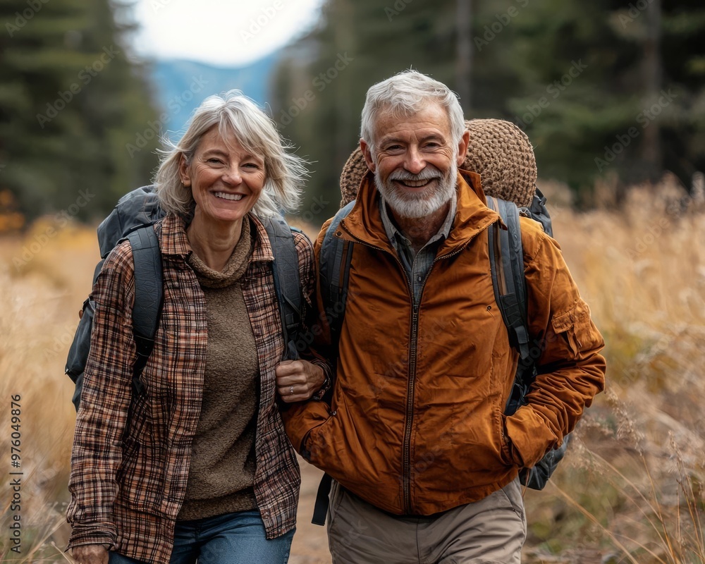 Happy senior couple walking through a nature trail, showcasing retirement health plan benefits for active living Happy senior couple walking through a nature trail, showcasing retirement health plan benefits for active living