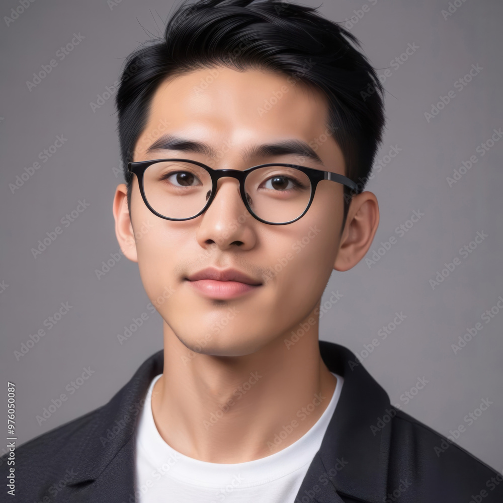 Young Asian Man with Short Dark Hair Wearing Stylish Glasses (Variation #01.4) Young Asian Man with Short Dark Hair Wearing Stylish Glasses (Variation #01.4)