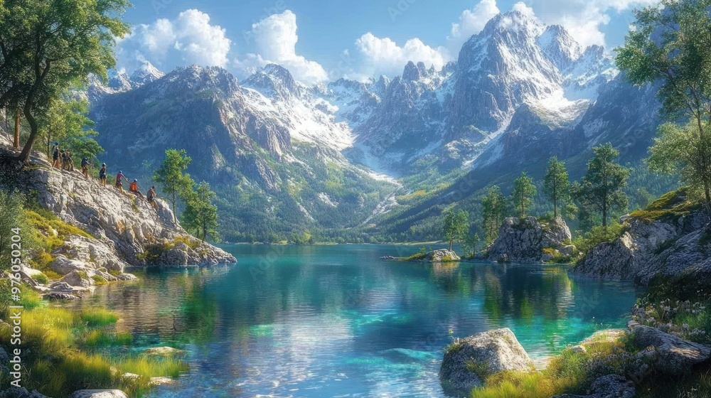 Serene mountain landscape with a tranquil lake and lush greenery. Serene mountain landscape with a tranquil lake and lush greenery.