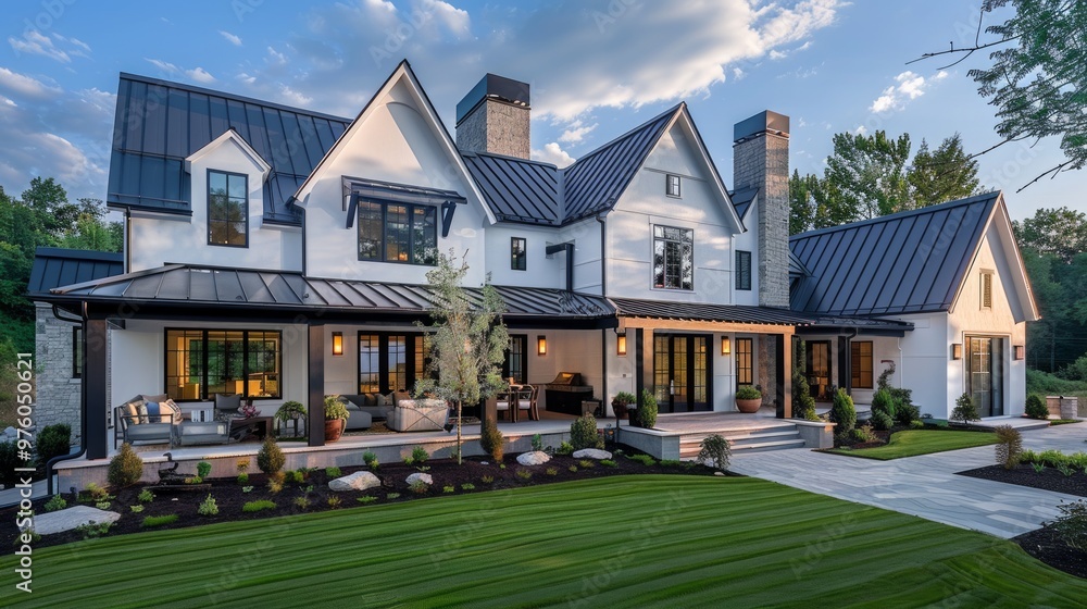 Modern country house with illuminated windows Modern country house with illuminated windows