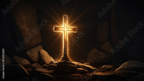 Illuminated stone cross glowing amidst a rocky scene with a spiritual ambiance photo