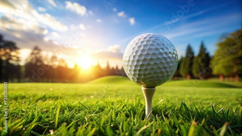 Golf ball and tee on pristine course grass