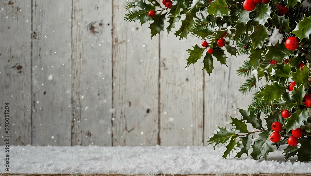 Christmas tree with holly and snowfall on a white wooden board. Christmas tree with holly and snowfall on a white wooden board.