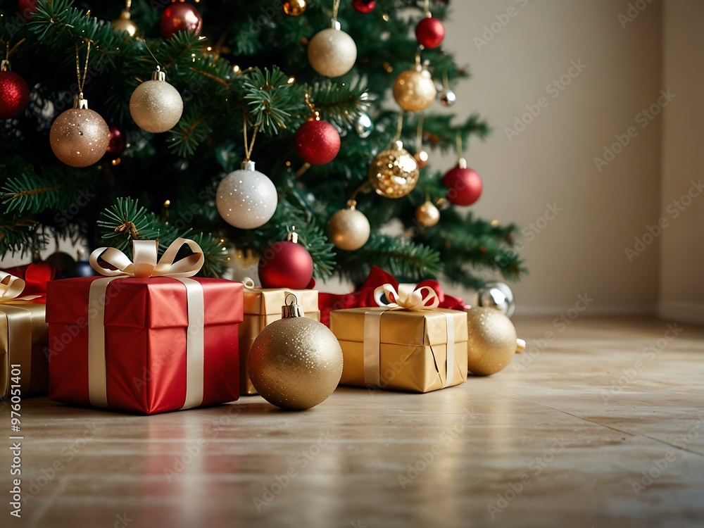 Christmas tree with shiny baubles and presents on the floor. Christmas tree with shiny baubles and presents on the floor.