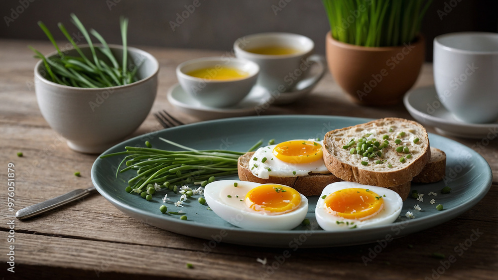 Plate of soft-boiled eggs with herbs, toasted bread, and tea on a rustic wooden table, perfect breakfast. Plate of soft-boiled eggs with herbs, toasted bread, and tea on a rustic wooden table, perfect breakfast.