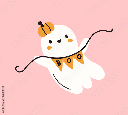 Kawaii ghost with boo garland and pumpkin hat. Spooky funny happy character. Halloween cute flying ghost. Childish boo phantom character for kids. Vector flat hand drawn illustration