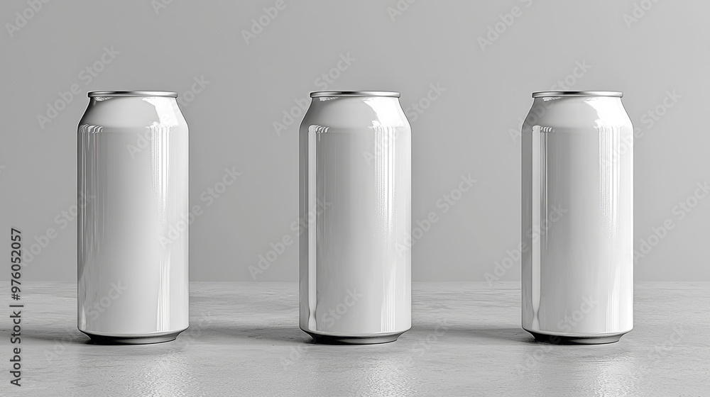 Three blank aluminum cans on a grey background.