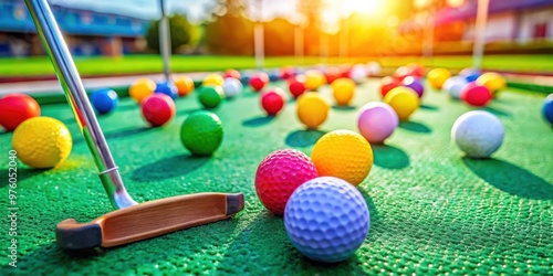 Close up shot of colorful mini golf putters and balls on a mini golf course