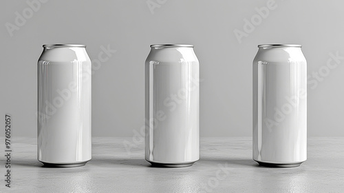 Obraz na płótnie Three blank aluminum cans on a grey background. w salonie