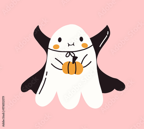 Kawaii ghost vampire with cape and pumpkin. Spooky funny happy character. Halloween cute flying ghost. Childish boo phantom character for kids. Vector flat hand drawn illustration