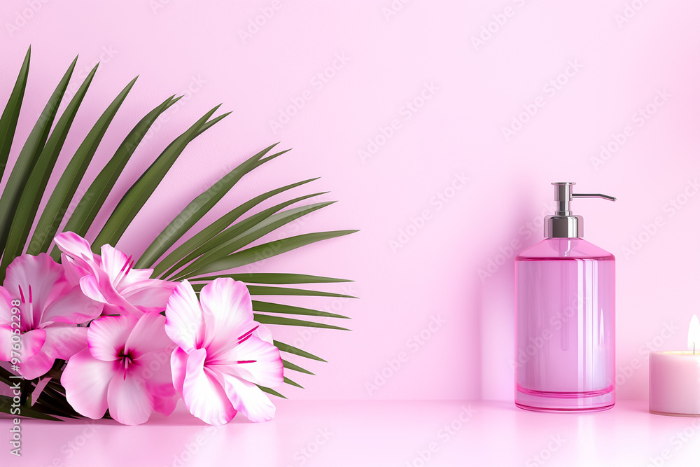 A clear bottle filled with a pink liquid stands next to fresh pink flowers and a lit candle, all set against a soft pastel pink background, creating a serene ambiance A clear bottle filled with a pink liquid stands next to fresh pink flowers and a lit candle, all set against a soft pastel pink background, creating a serene ambiance
