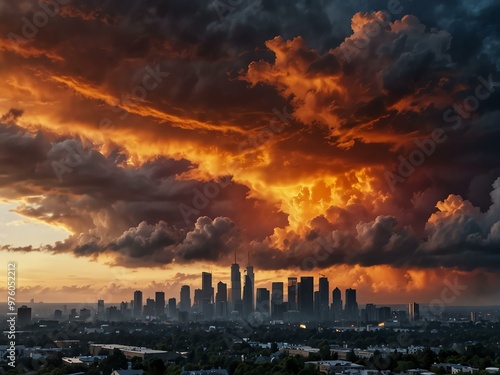 City skyline under dramatic sunset clouds, hyper-realistic view.