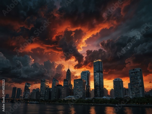 City skyline under dramatic sunset clouds, hyper-realistic view.