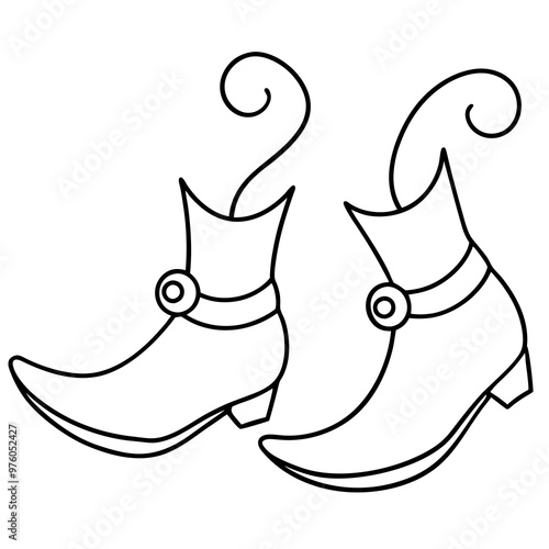 Pair of pointy elf shoes with curled toes and bells on the ends, designed with sleek lines vector