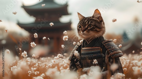 Feline Samurai Amidst Floating Cherry Blossoms and Surreal Temple Backdrop photo