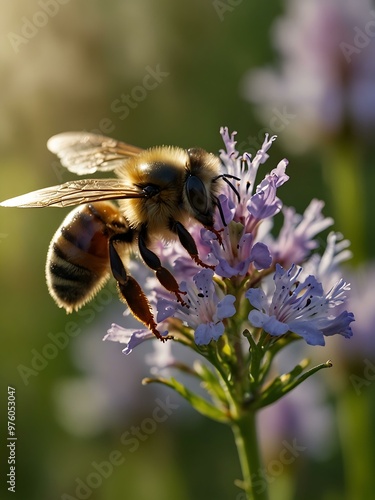 Close-up of a bee in a blooming spring meadow.