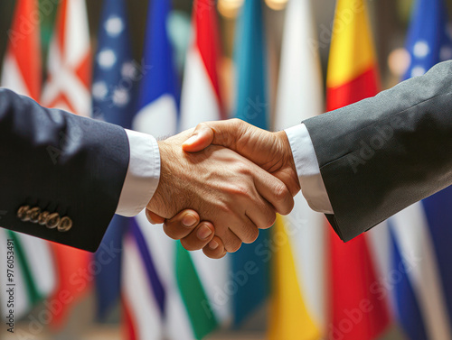 Two men shaking hands in front of a bunch of flags