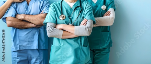 United Healthcare Professionals with Arms Crossed on Blue Background photo