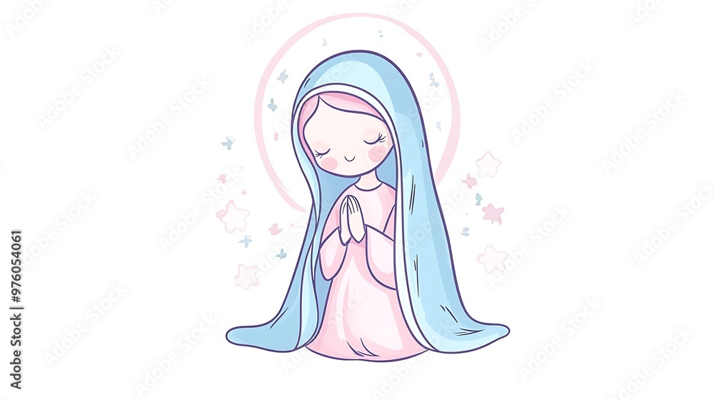 Cute Cartoon Virgin Mary Illustration in Baby Blue and Pink Colors on Transparent Background - Vector Watercolor Kawaii Clip Art Sticker Cute Cartoon Virgin Mary Illustration in Baby Blue and Pink Colors on Transparent Background - Vector Watercolor Kawaii Clip Art Sticker