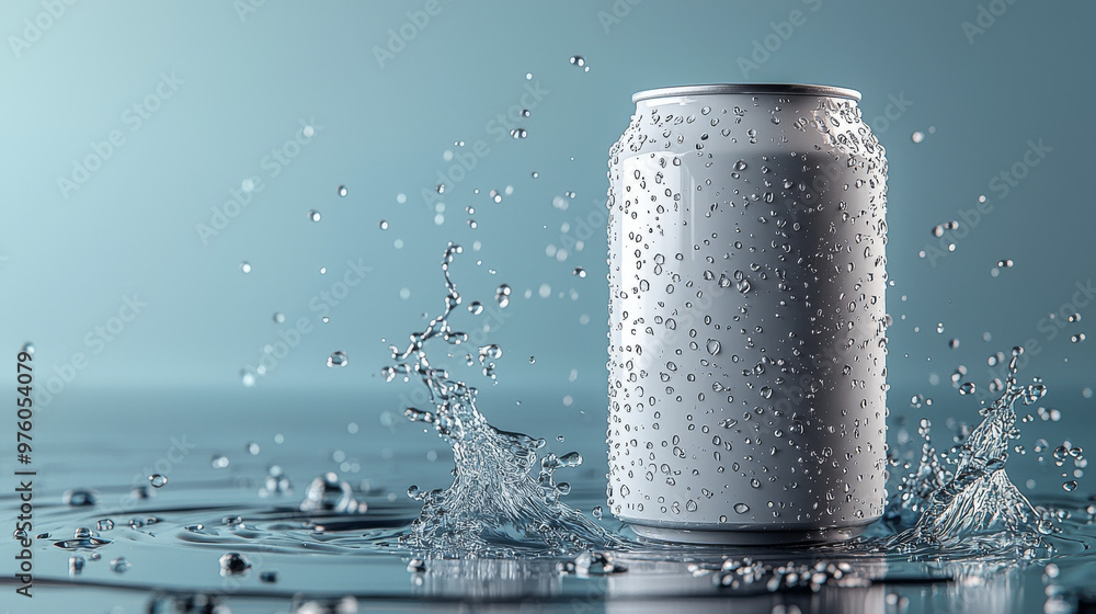 A cold can of beverage with water droplets on a blue background. A cold can of beverage with water droplets on a blue background.