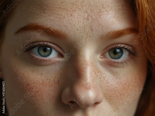 Close-up of a redhead woman with grey eyes