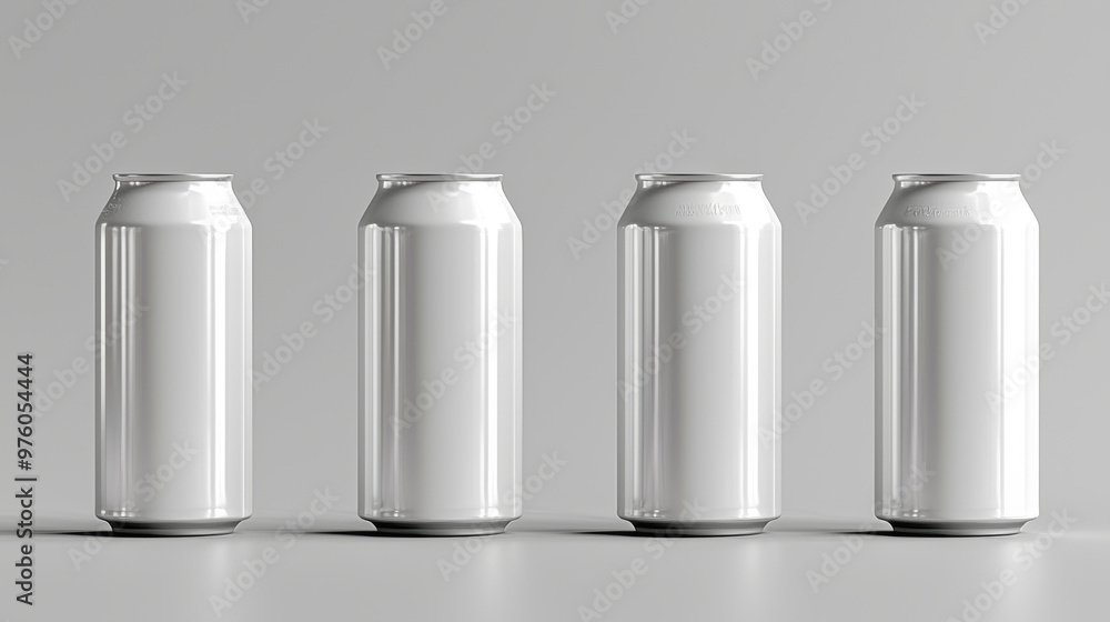 Four blank aluminum beverage cans on a gray background. Four blank aluminum beverage cans on a gray background.