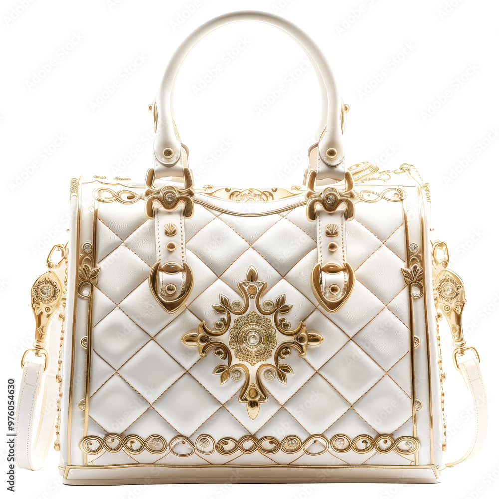 Luxurious white handbag with gold accents and ornate design displayed on a clean backdrop Luxurious white handbag with gold accents and ornate design displayed on a clean backdrop