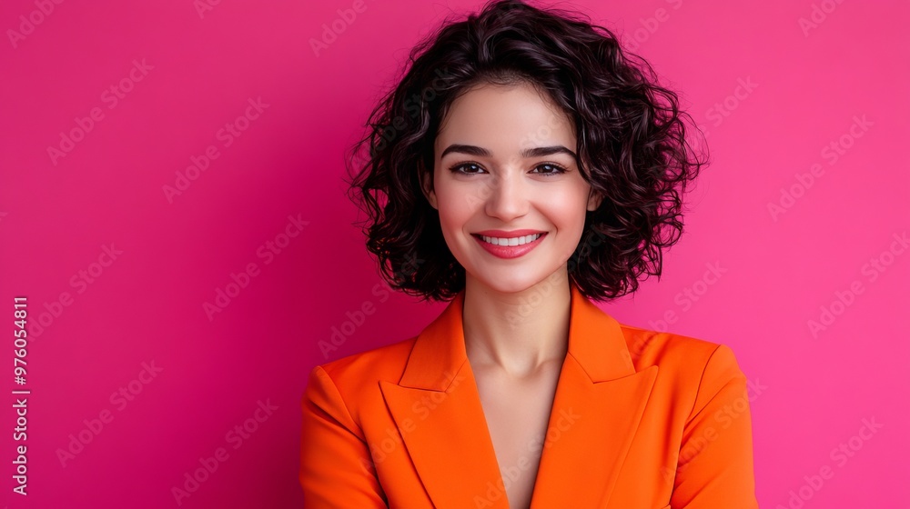 Portrait of a smiling woman with curly hair in an orange blazer against a pink background. Portrait of a smiling woman with curly hair in an orange blazer against a pink background.