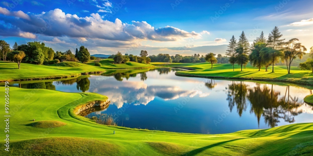 Scenic golf pitch with a picturesque pond in the background Scenic golf pitch with a picturesque pond in the background