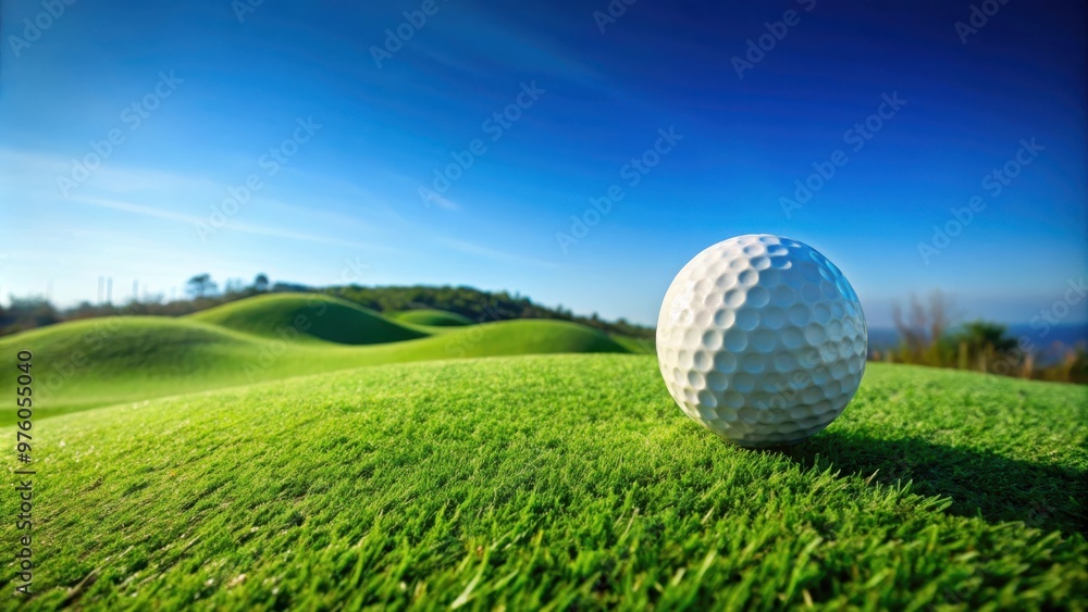 Golf ball on lush green mound with clear blue sky background, perfect for outdoor activities and sports enthusiasts Golf ball on lush green mound with clear blue sky background, perfect for outdoor activities and sports enthusiasts