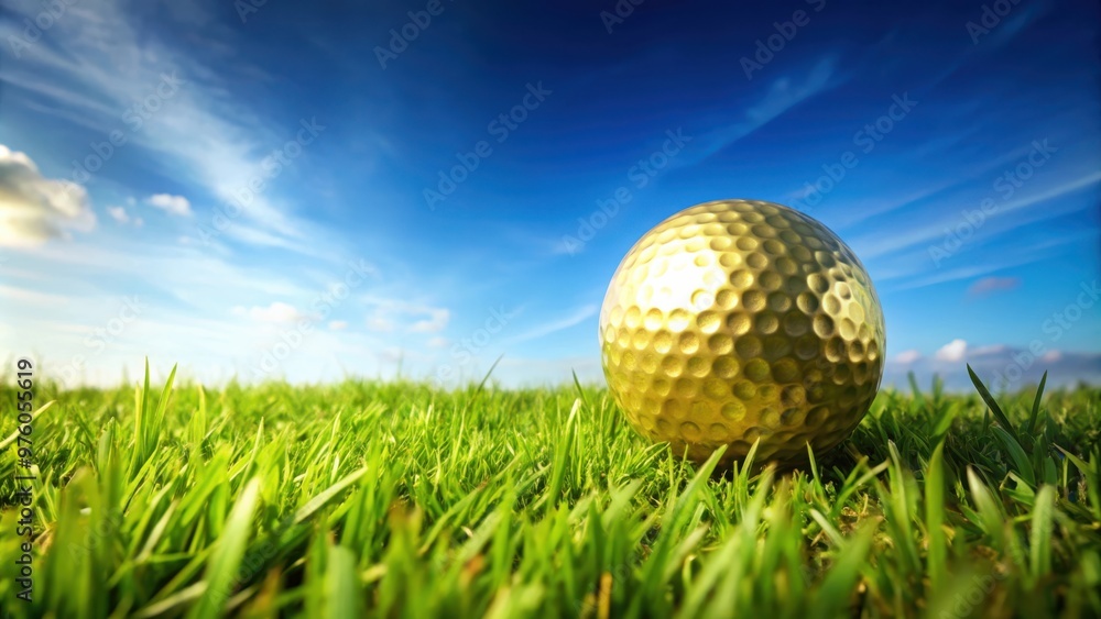 Golden golf ball on vibrant green grass field with clear blue sky background