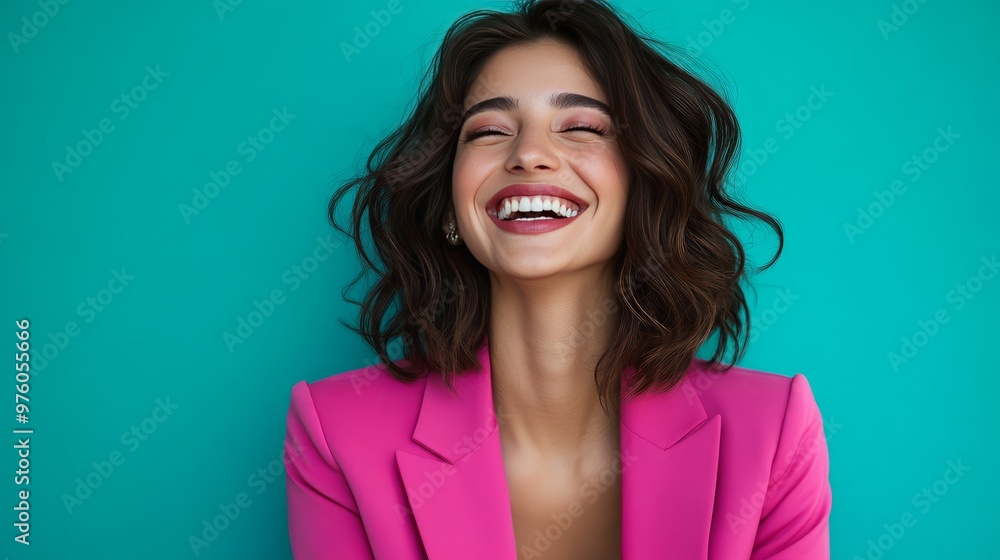 Portrait of a smiling woman with wavy brown hair wearing a pink blazer against a blue background. Portrait of a smiling woman with wavy brown hair wearing a pink blazer against a blue background.