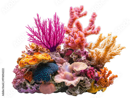 Vibrant coral reef scene showcasing diverse marine life with colorful corals, ideal for ocean and nature-themed projects.