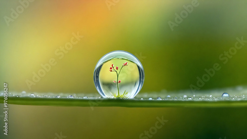 Extreme closeup of water droplet on grass, abstract plant inside.