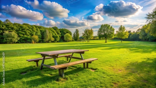 Grassy meadow park with picnic table, ideal for outdoor dining and relaxation