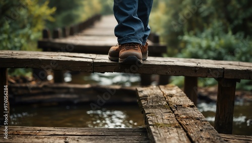 Close-up of feet in trekking shoes on an old wooden bridge.