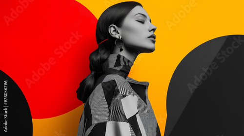 Minimalist fashion infused with modern graphic design elements like abstract shapes and vibrant color schemes photo