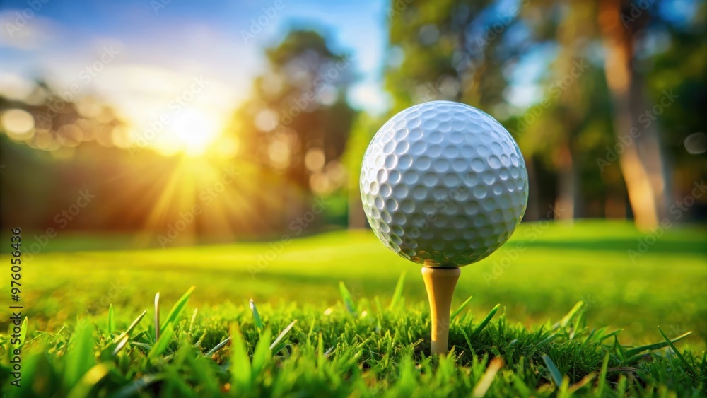 Close up view of a golf ball sitting on a tee ready for a swing on a lush green golf course Close up view of a golf ball sitting on a tee ready for a swing on a lush green golf course