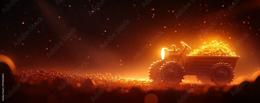 A futuristic tractor illuminated by golden light, transporting a load of shimmering treasure in a cosmic landscape. A futuristic tractor illuminated by golden light, transporting a load of shimmering treasure in a cosmic landscape.