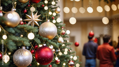 Christmas tree with ornaments, blurred celebration in the background photo