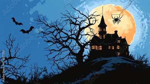 Silhouetted spooky haunted house on a hill with a full moon, bats, and spider. photo