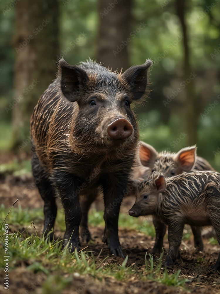 Close-up of wild boar family with piglets in a tranquil wildlife scene. Close-up of wild boar family with piglets in a tranquil wildlife scene.