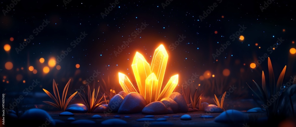 A vibrant illustration of glowing crystals surrounded by twinkling lights and gentle grass, evoking magic and wonder in a dark setting. A vibrant illustration of glowing crystals surrounded by twinkling lights and gentle grass, evoking magic and wonder in a dark setting.